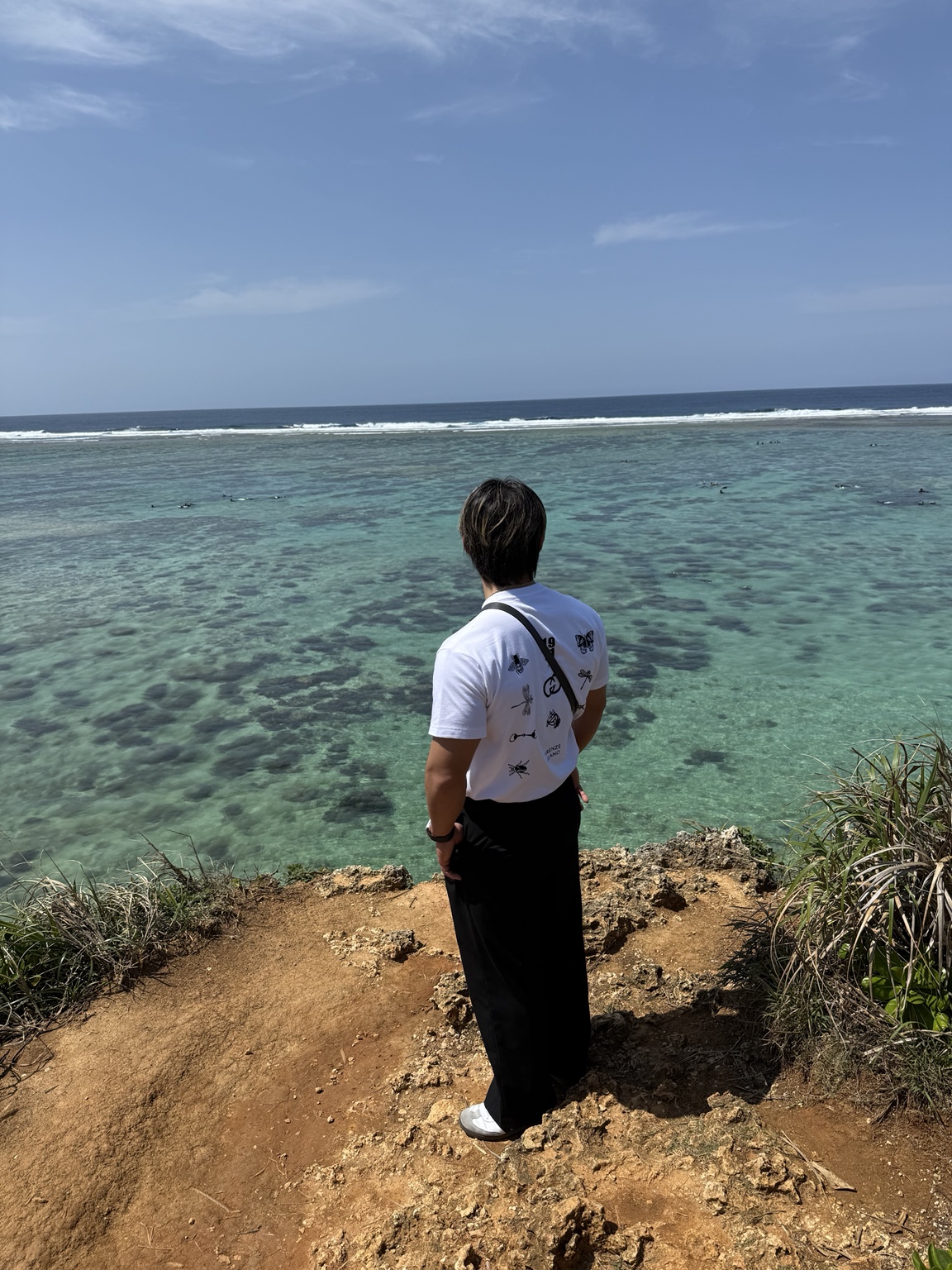 青い海を眺める後ろ姿